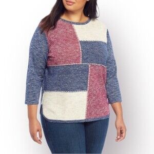 Alfred Dunner Patchwork Sweater Blue Cream Rose Color Block Stud Pullover Top
